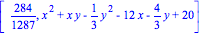 [284/1287, x^2+x*y-1/3*y^2-12*x-4/3*y+20]